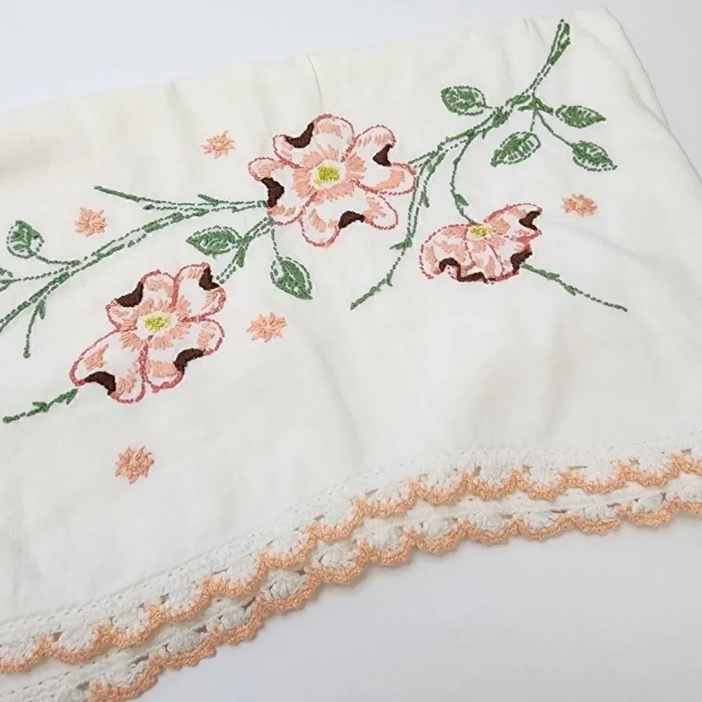 2 Vintage Matching White Pillowcases with Crocheted Edges and Embroidery